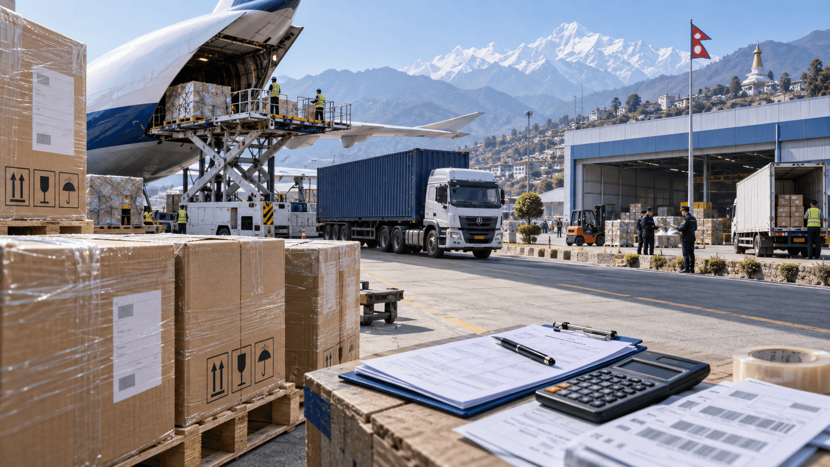 Imported goods moving through freight customs handling and final delivery cost stages