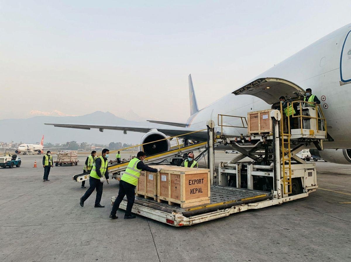Air cargo in Nepal being loaded and prepared for international flight.