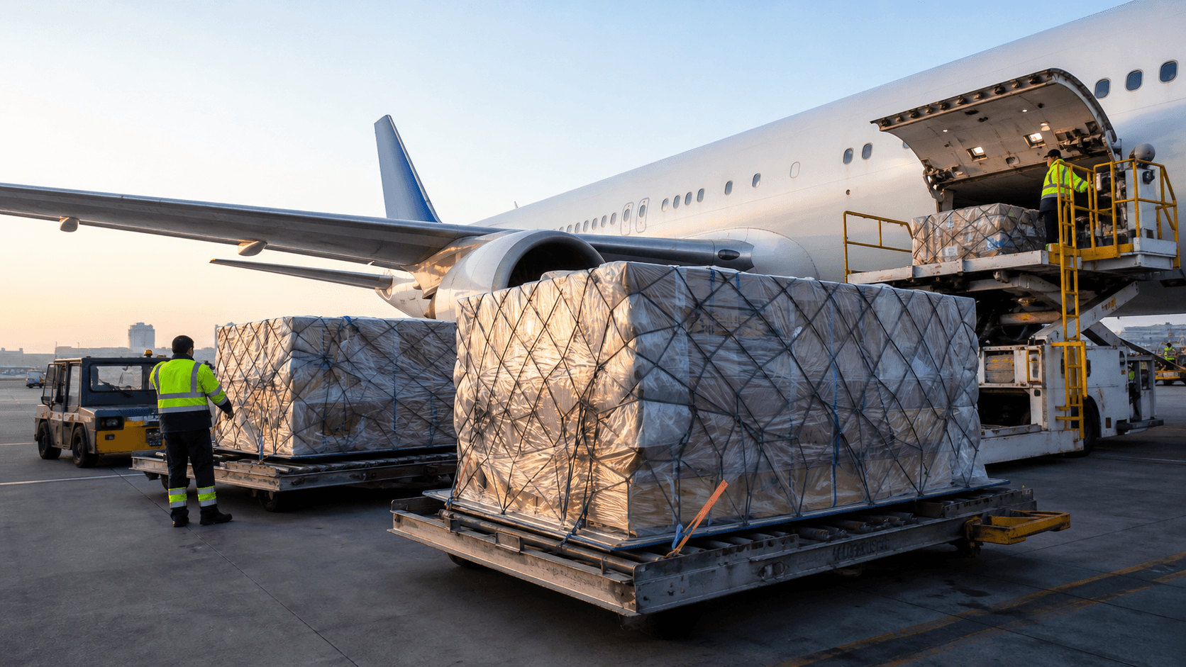 Air cargo pallets being prepared beside a freight aircraft for delivery to Nepal