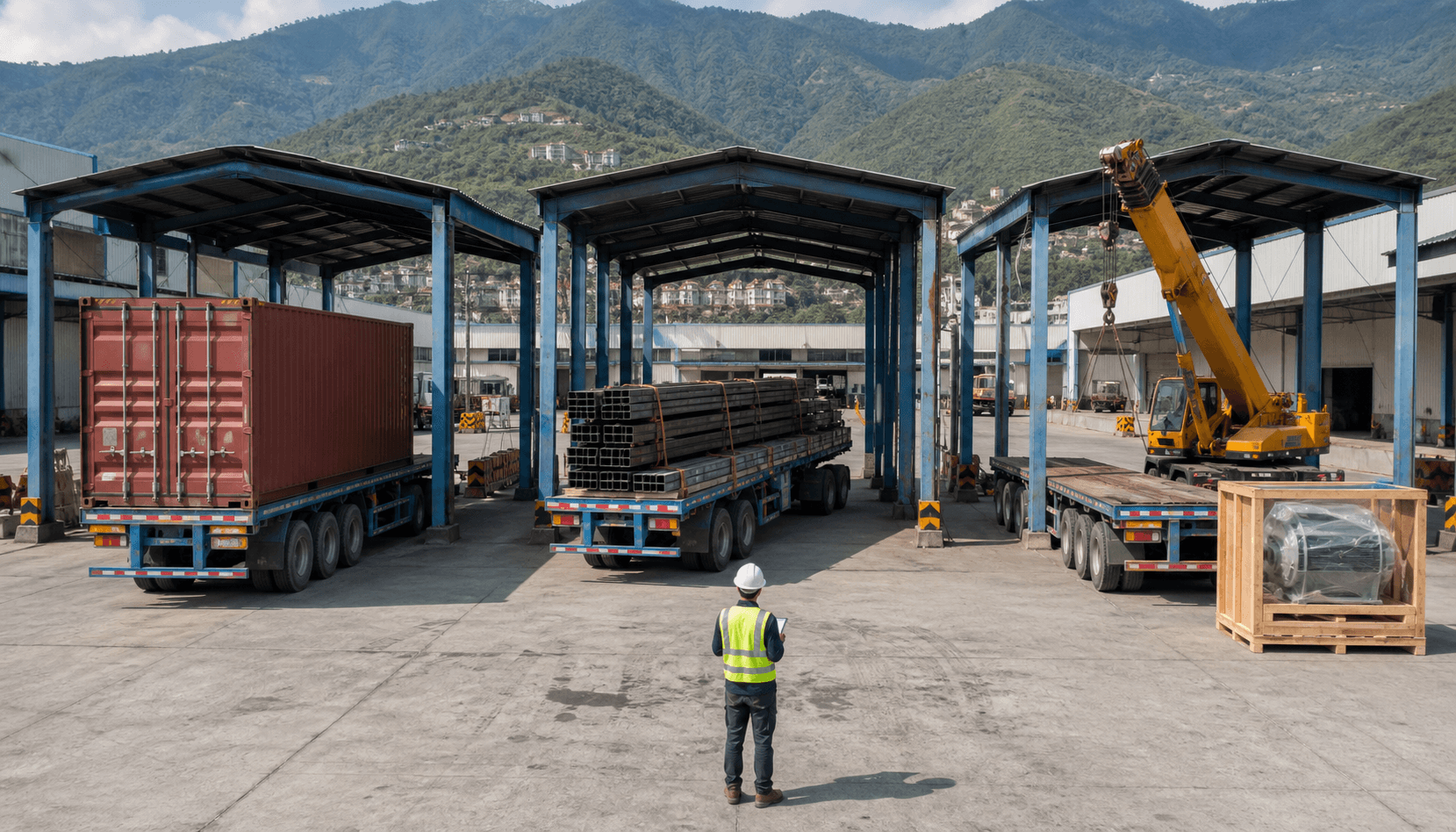 Container steel beams and crated machinery prepared for high bed trailer transport