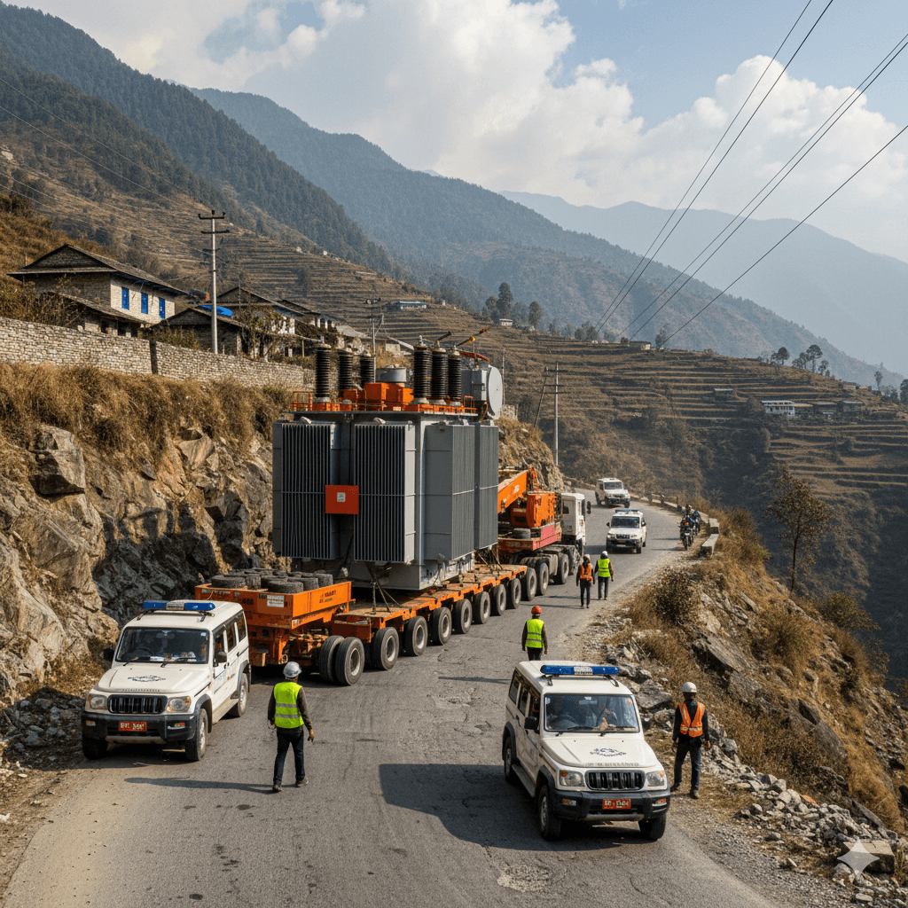 Heavy project cargo moving through a challenging route in Nepal under controlled conditions.