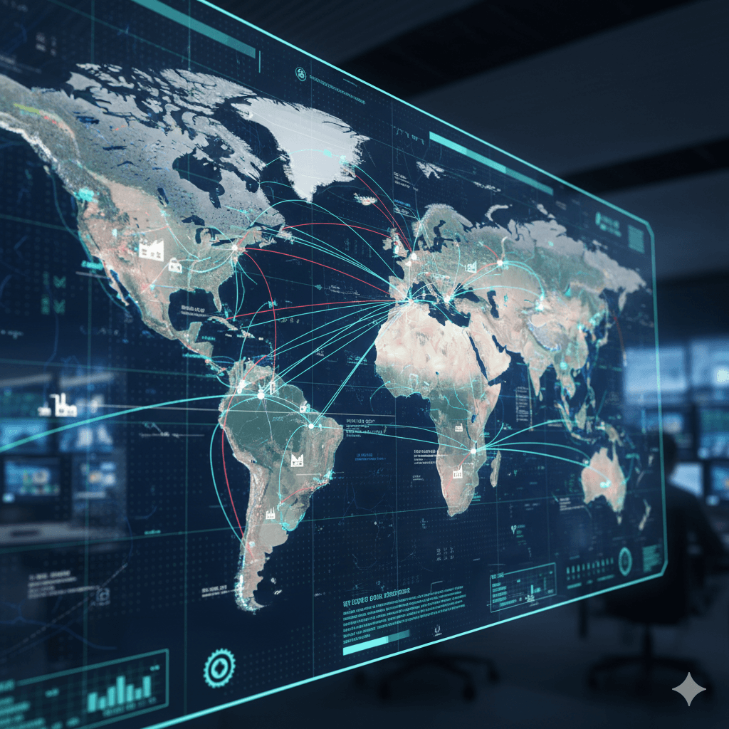 Visualization of road, rail, sea, and air freight connections across short and long distances.