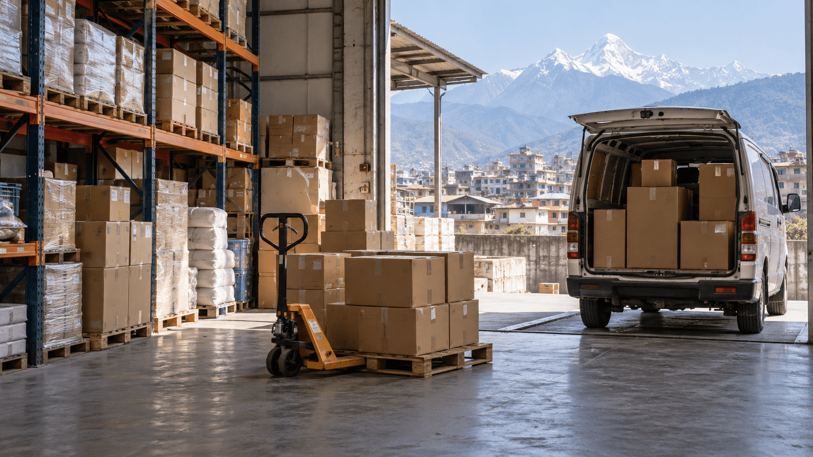 Commercial goods moving from a Nepal warehouse dispatch bay toward a business delivery vehicle