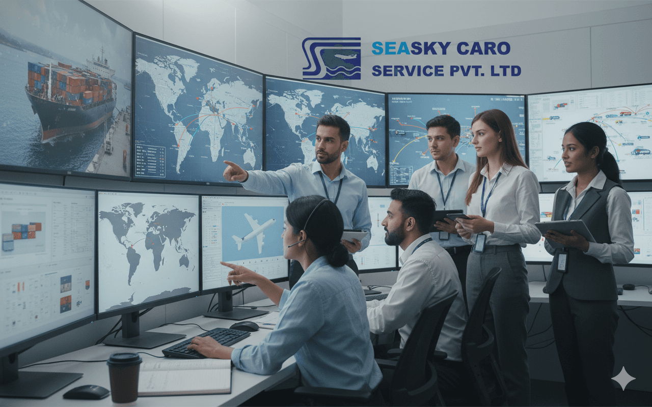 Logistics professionals planning cross-border shipping solutions using multiple transport modes.