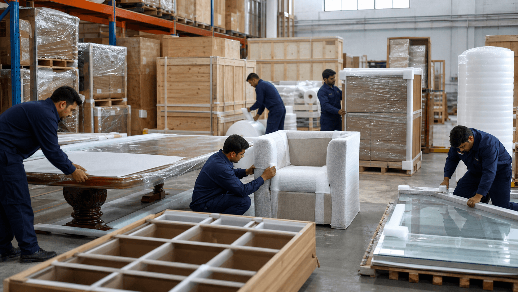 Sofas chairs cabinets glass panels and furniture hardware protected with foam crates and corner guards