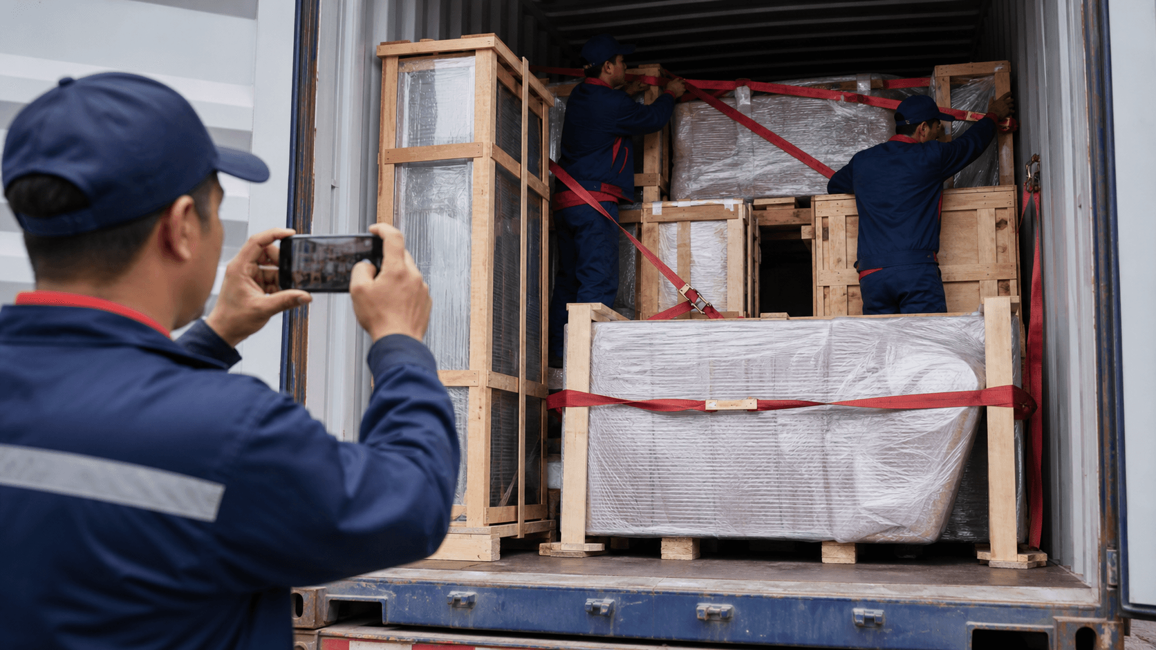 Furniture cargo secured inside a container with lashing protection and loading photographs