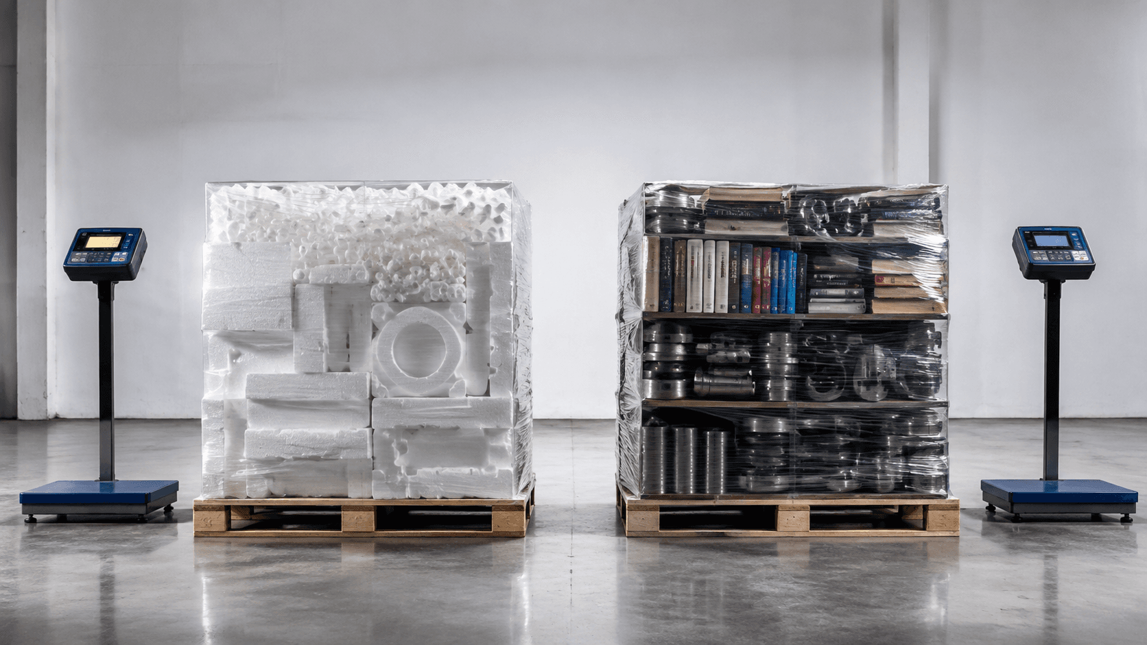 One cubic metre of lightweight foam compared with heavy books and metal cargo
