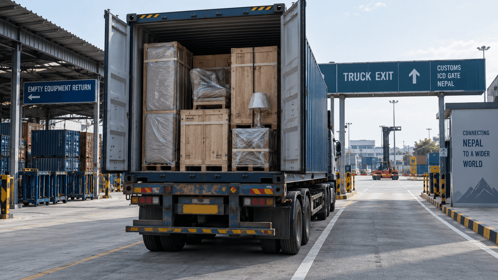 Full container load of furniture at a Nepal inland depot before delivery and empty return
