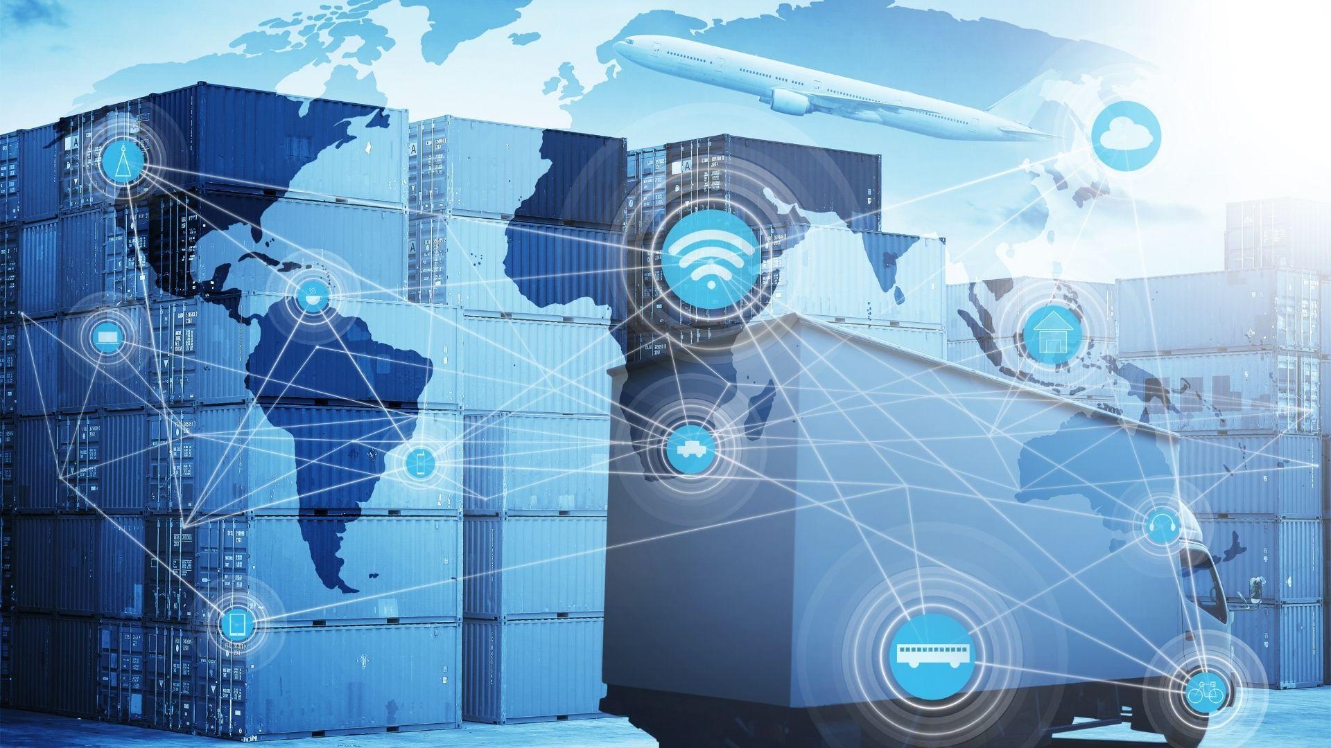 Global cross-border e-commerce growth visualization showing shipping routes and market expansion statistics.