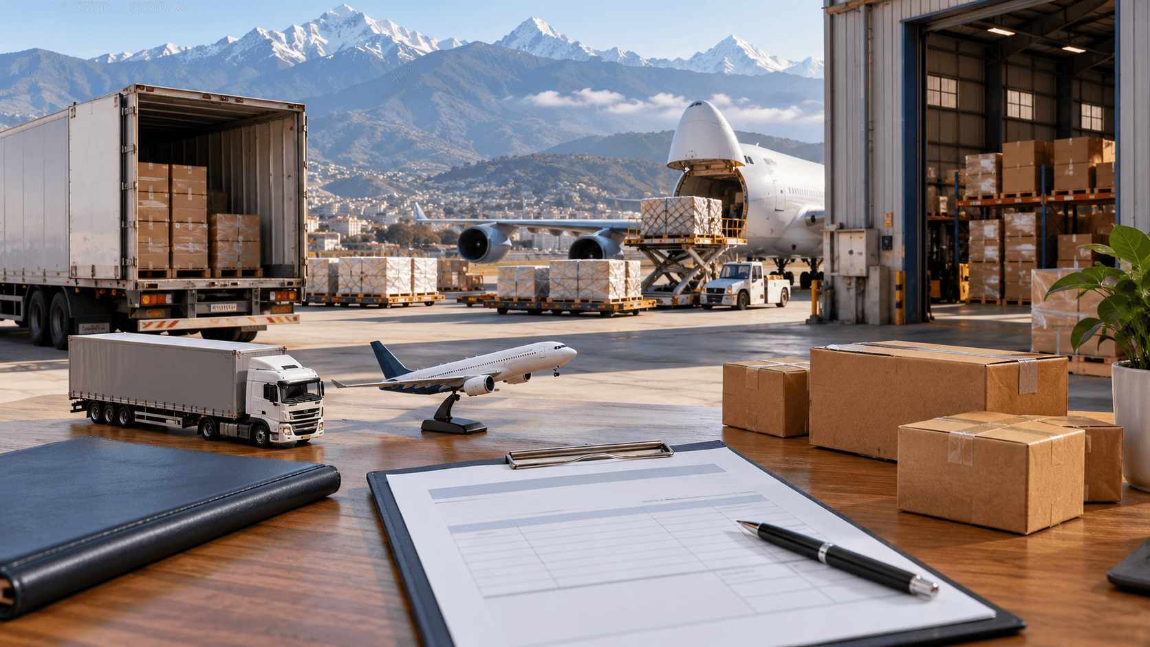 Blank quotation and cargo planning documents beside model vehicles at a dispatch warehouse