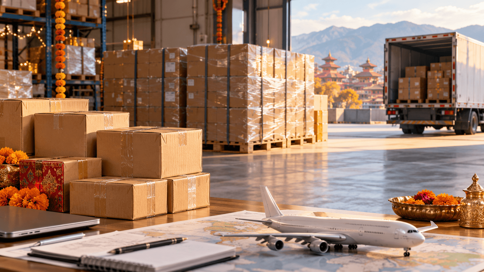 Two separate groups of festival cargo cartons beside a truck and model aircraft for shipment contingency planning