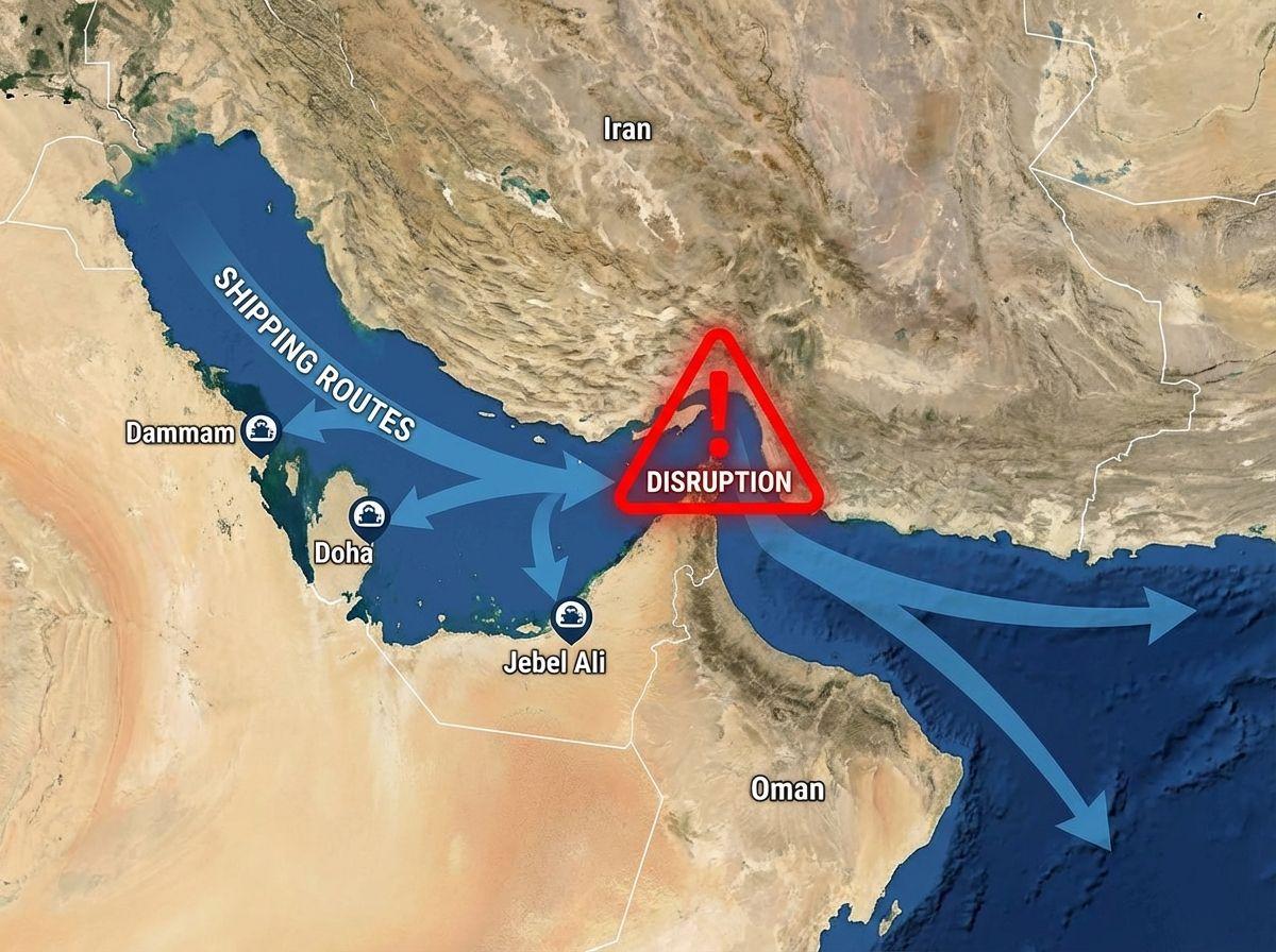 Map of the Strait of Hormuz showing disrupted shipping routes from Gulf ports.