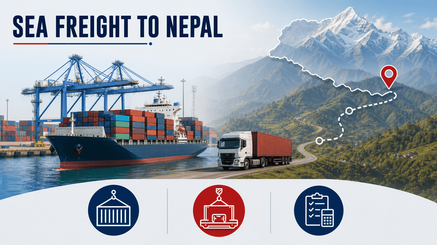 Sea freight containers at an Indian port moving inland toward Nepal