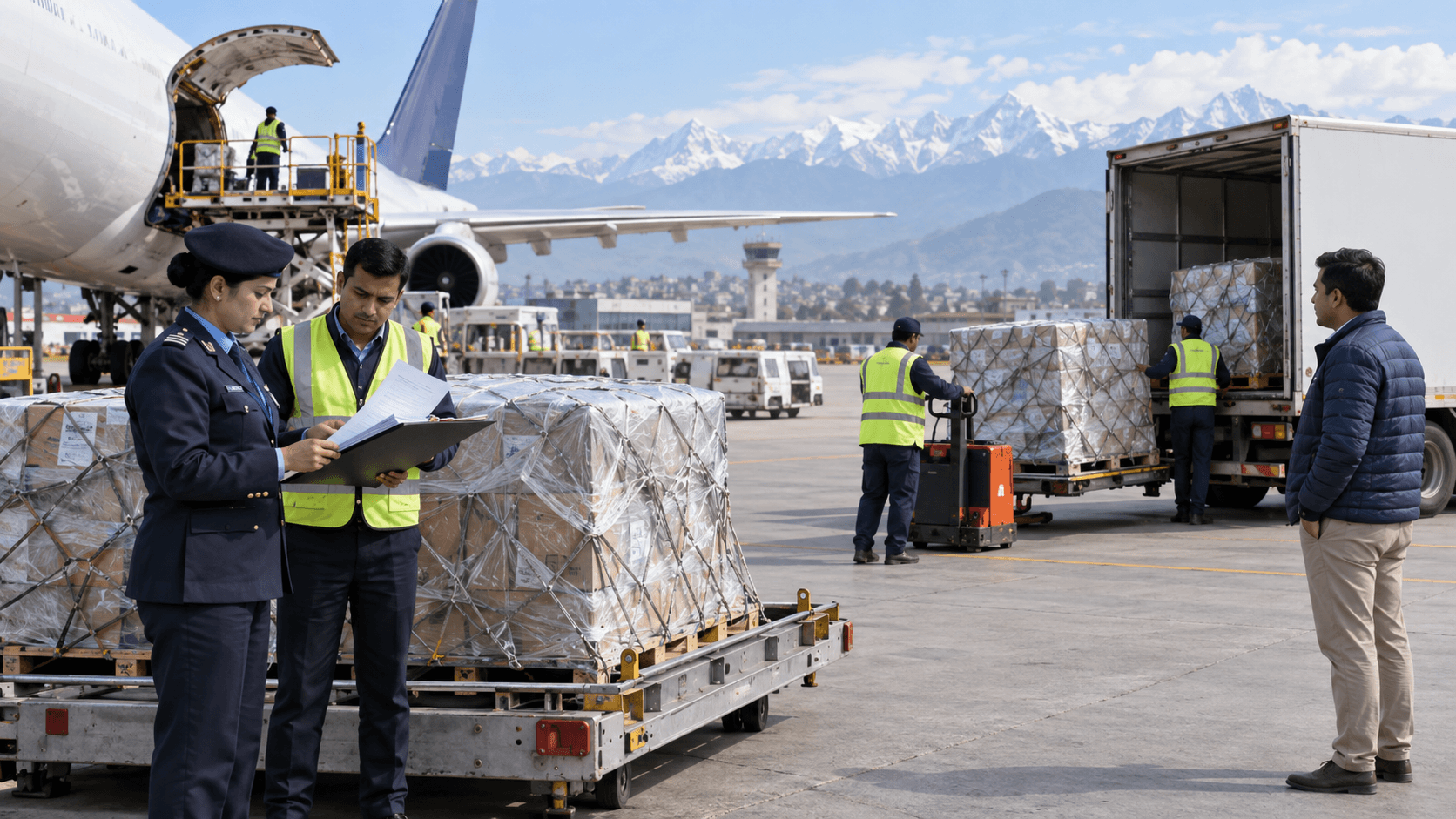 Air cargo customs review and released pallets moving to final delivery in Nepal