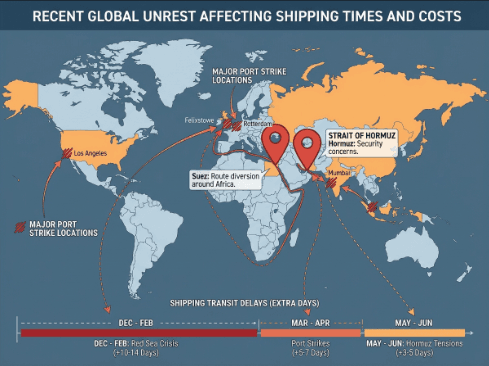 Recent global unrest examples that affected shipping times and costs.