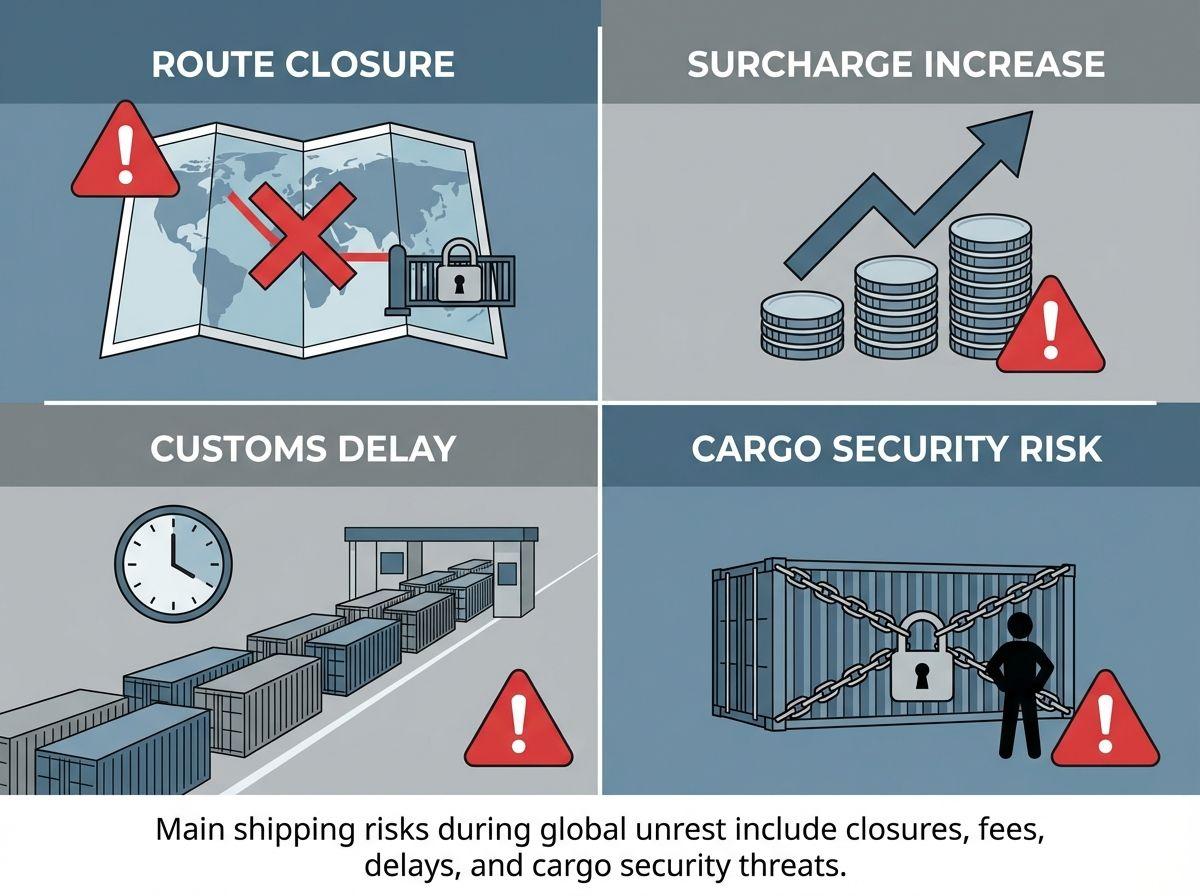 Main shipping risks during global unrest include closures, fees, delays, and cargo security threats.
