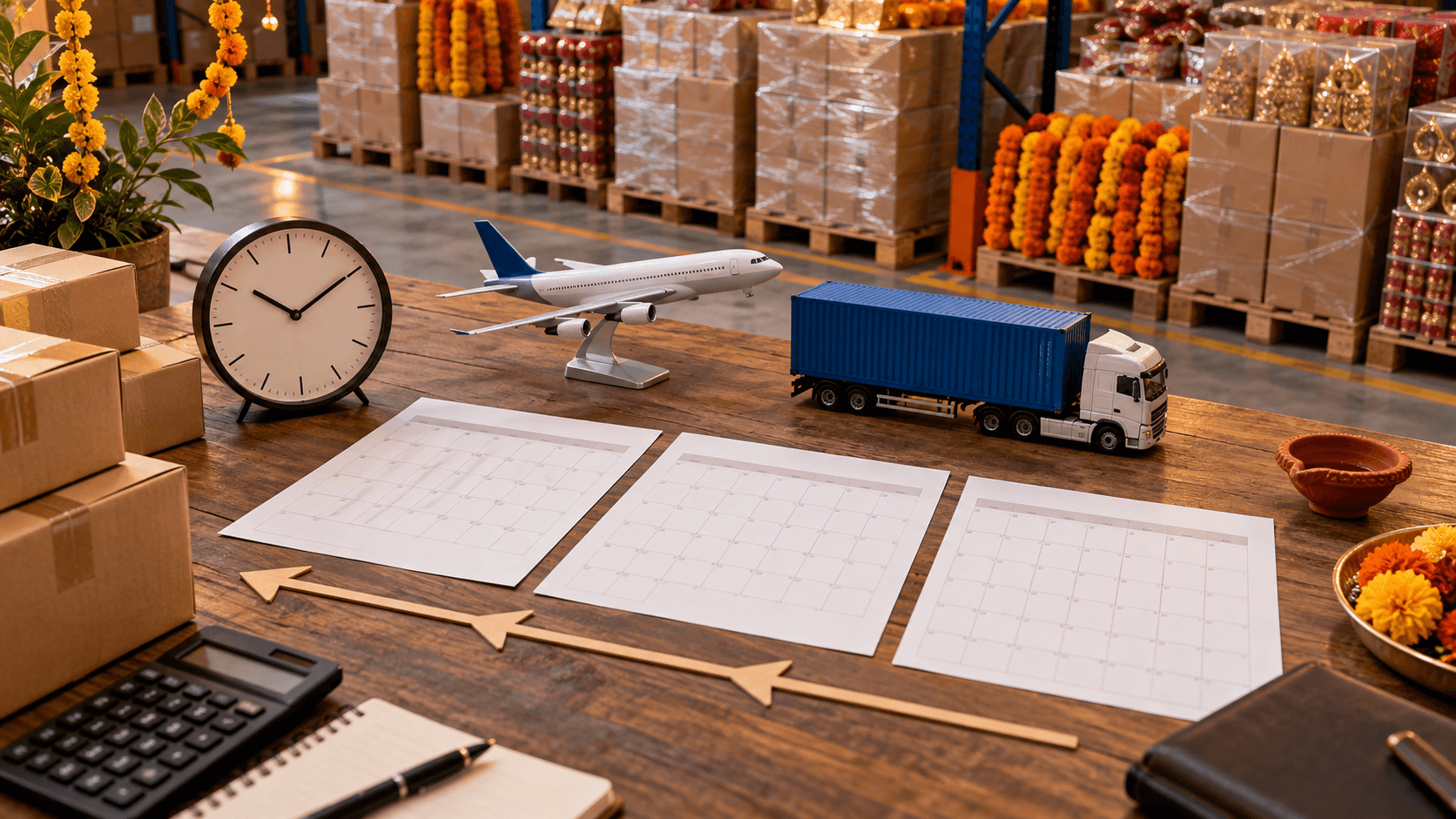 Blank calendar sheets, clock and model cargo vehicles used for festival shipment planning