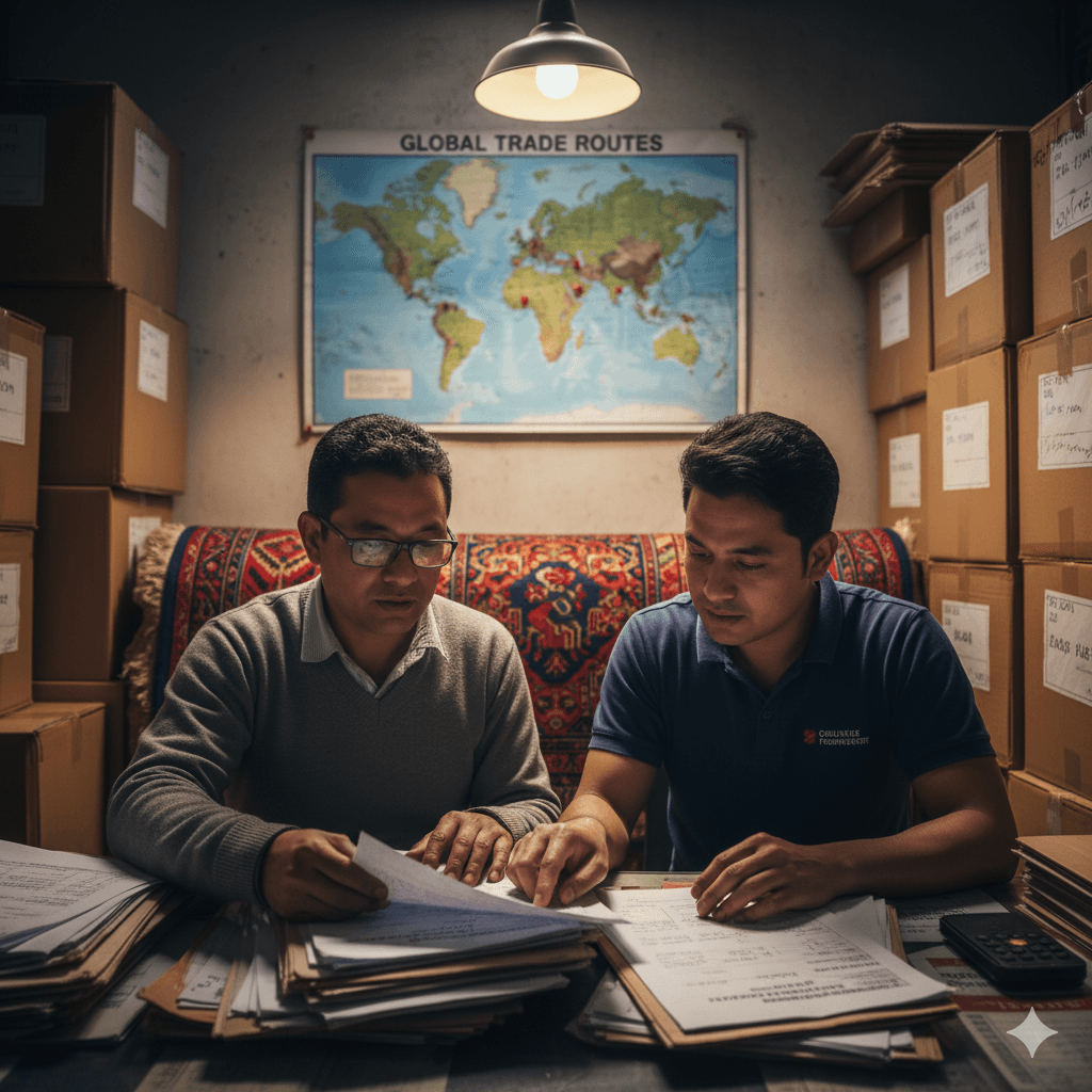 Nepalese business owner planning international shipping with a logistics partner.