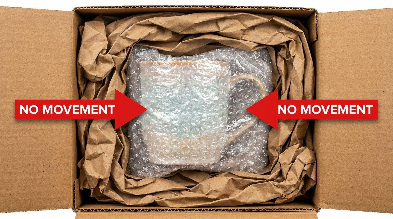 Cushioning fragile items inside carton properly.
