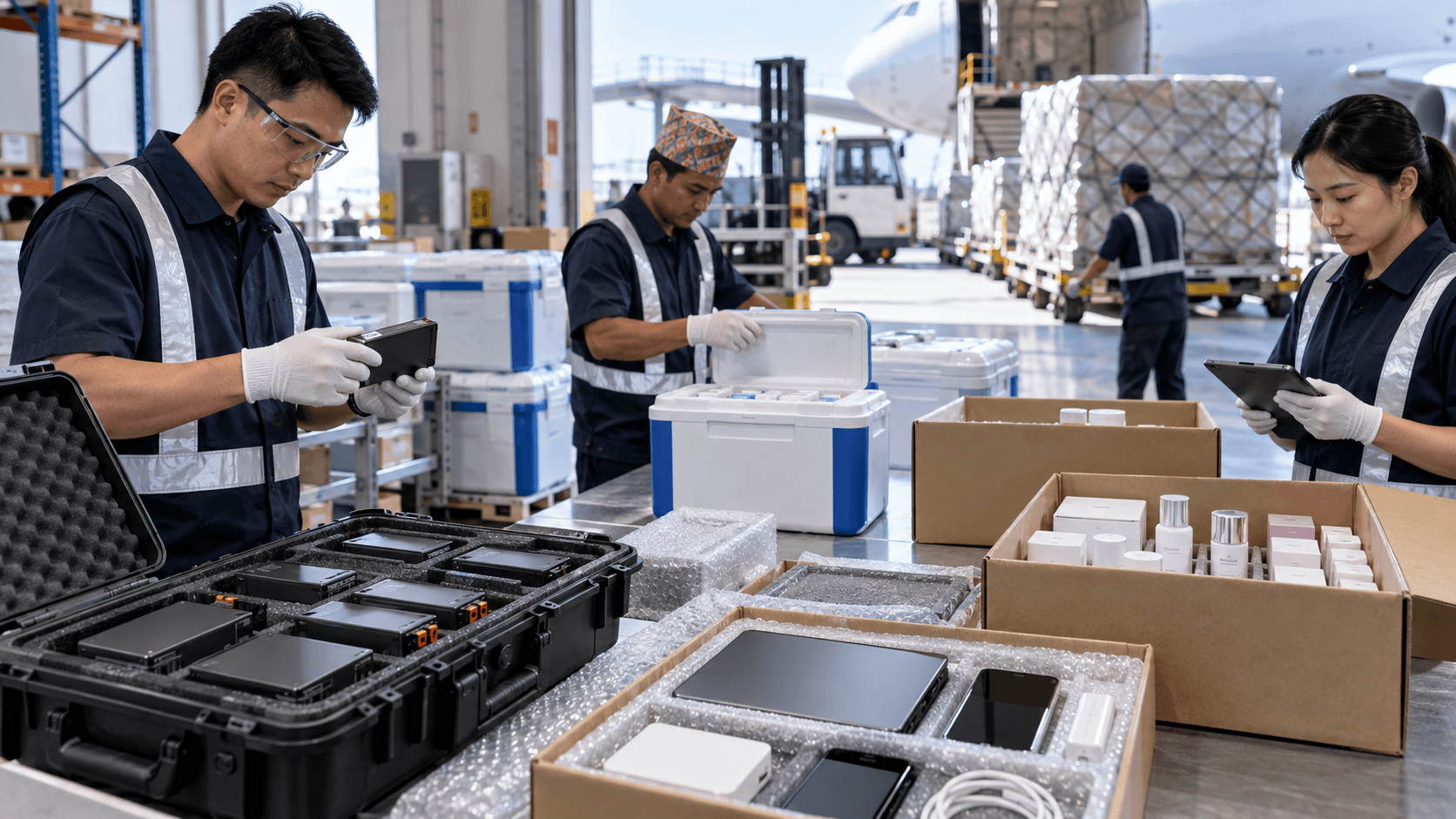 Air cargo specialists inspecting batteries electronics medicine and sensitive goods