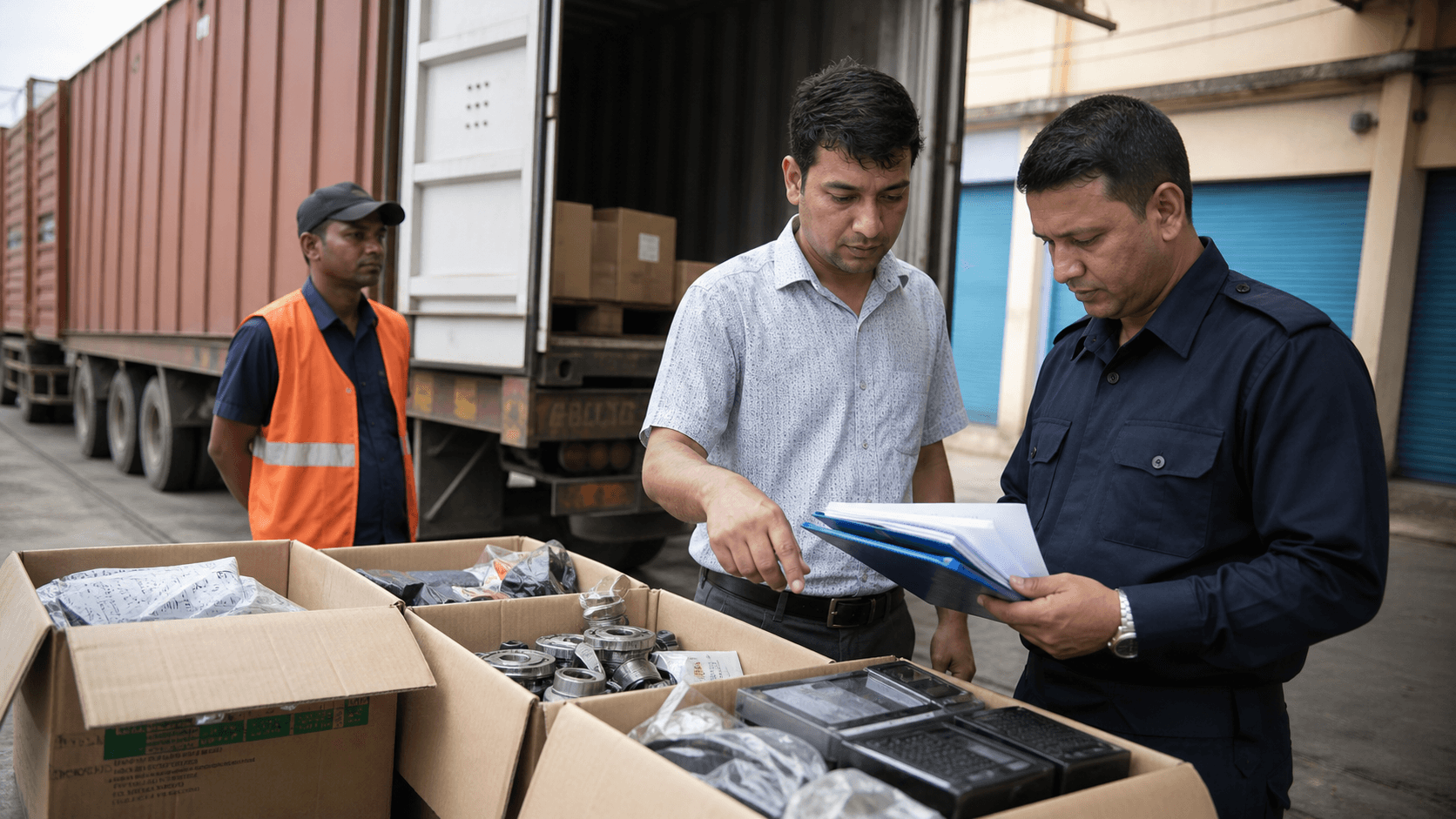 Nepal customs officer and clearing agent inspecting imported cargo beside its container