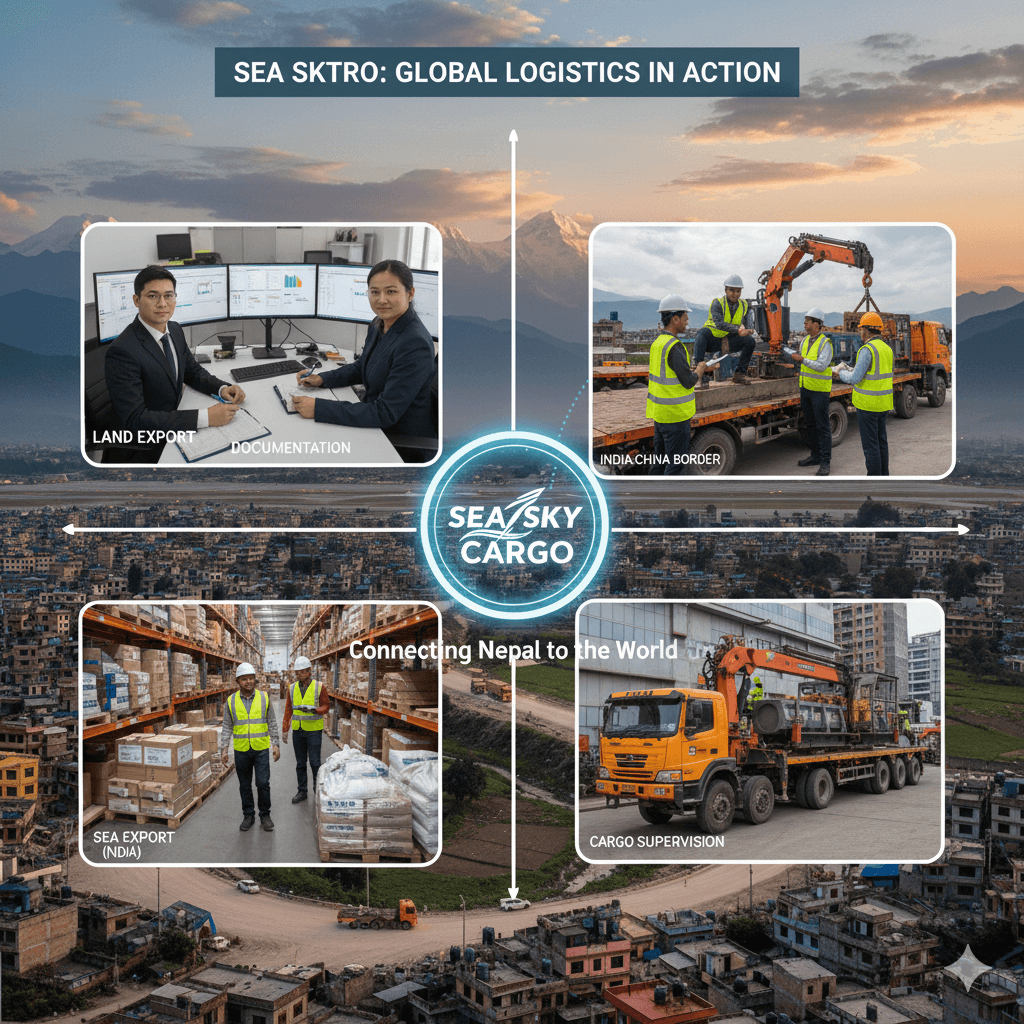 Sea Sky Cargo staff handling diverse logistics tasks: cargo supervision, shipment documentation, and loading heavy equipment.