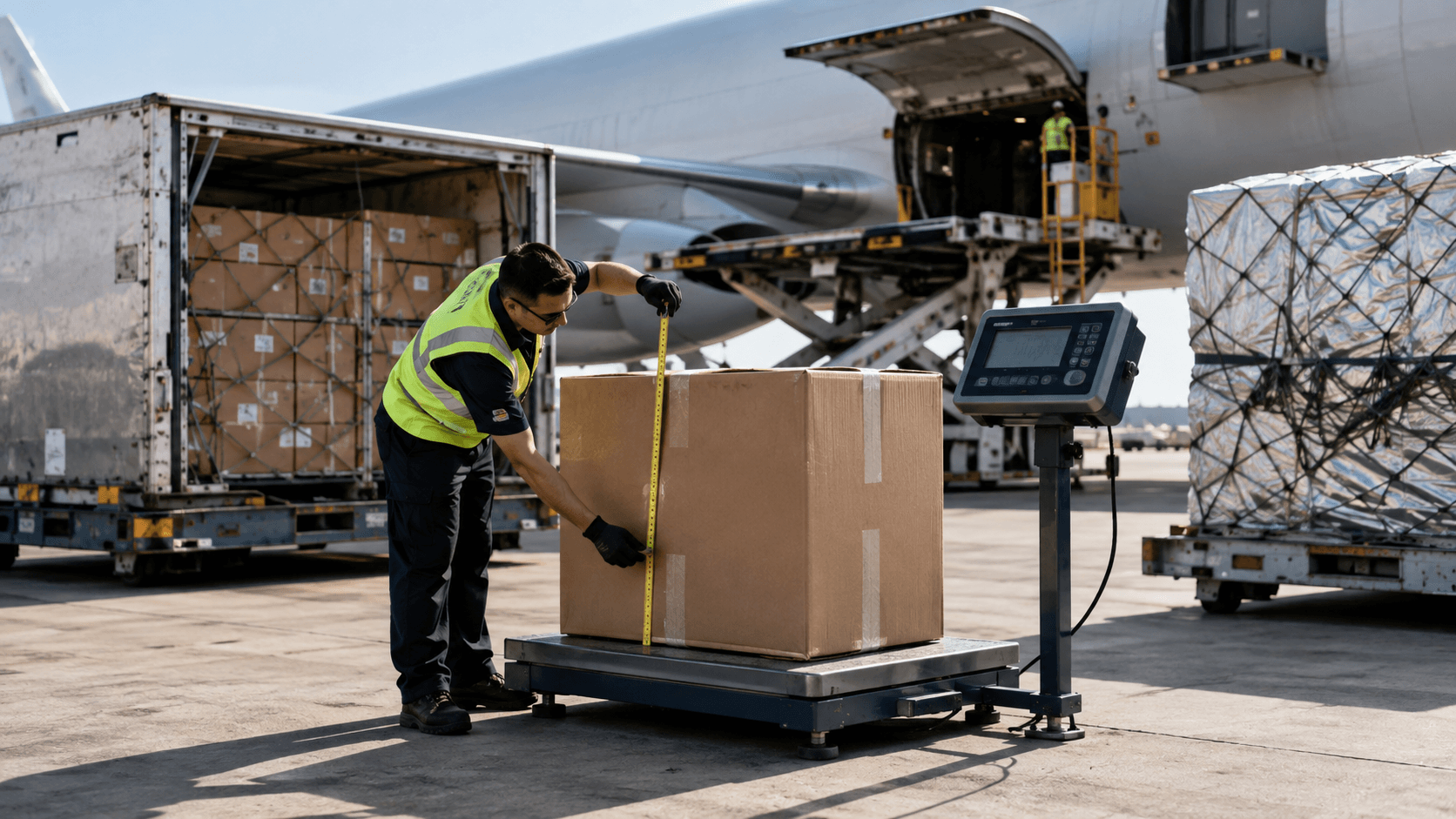 Air cargo cartons measured and weighed to compare actual and volumetric weight