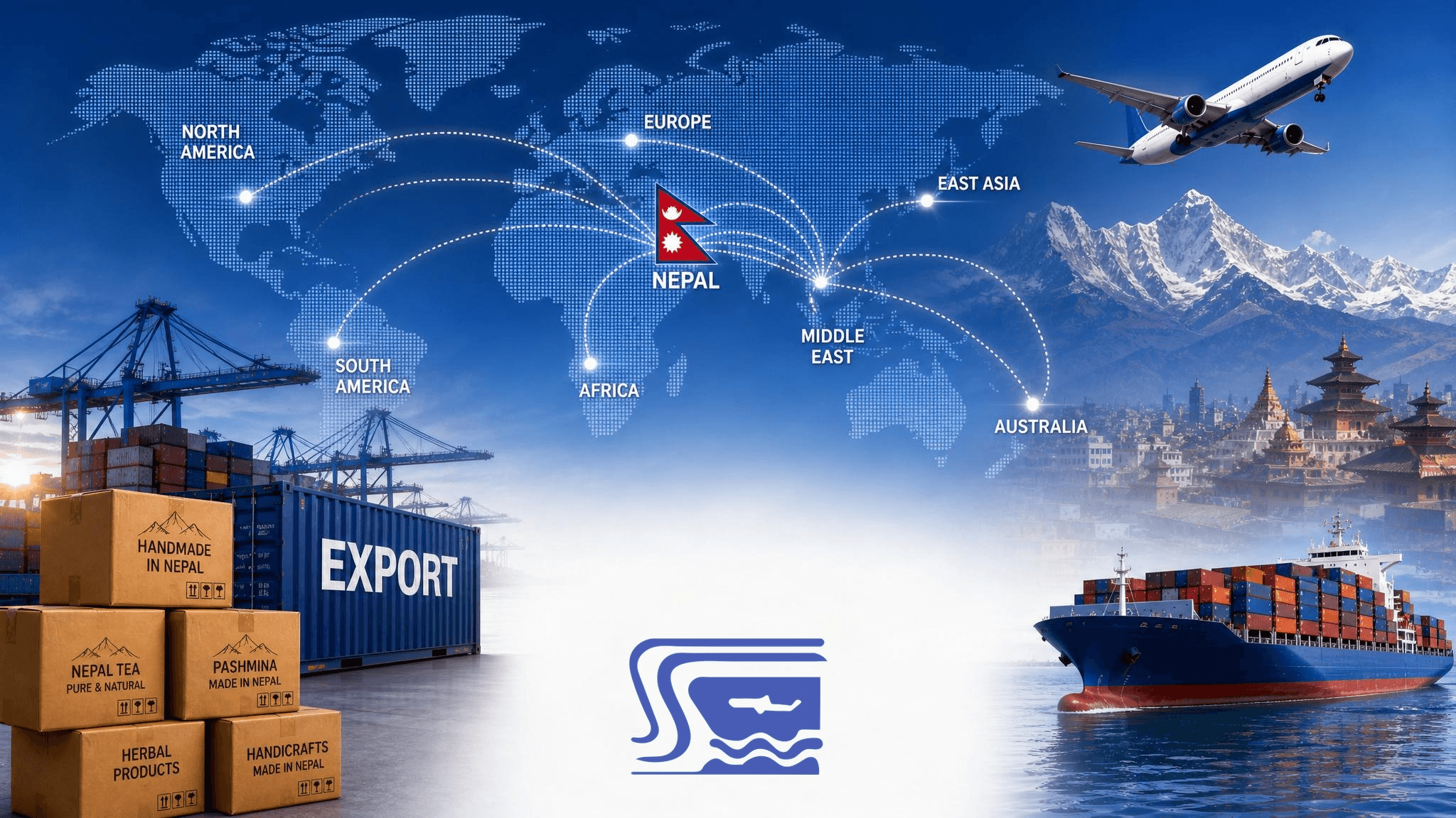 A global cargo network showing Nepal exports moving to international markets by air and sea.