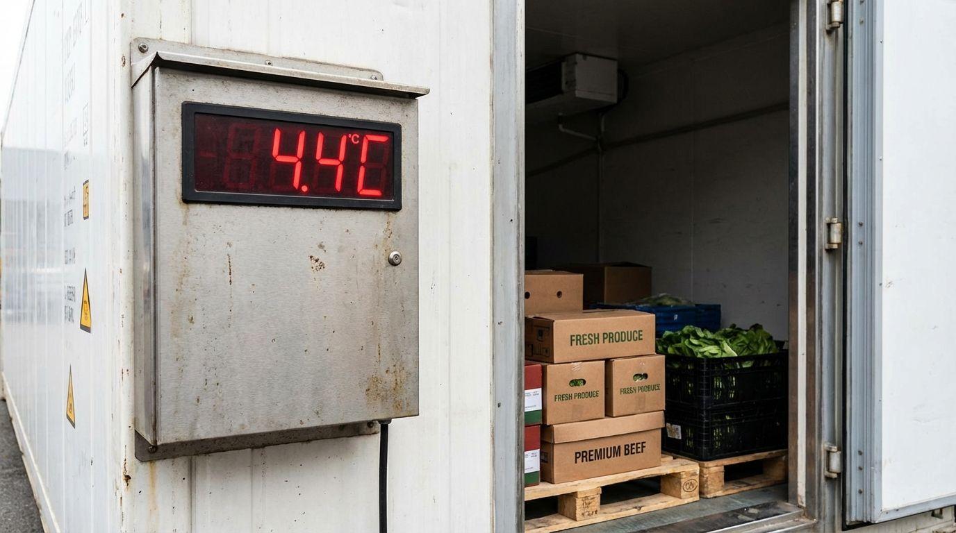 Reefer container maintaining precise 4.4°C for perishable cargo.
