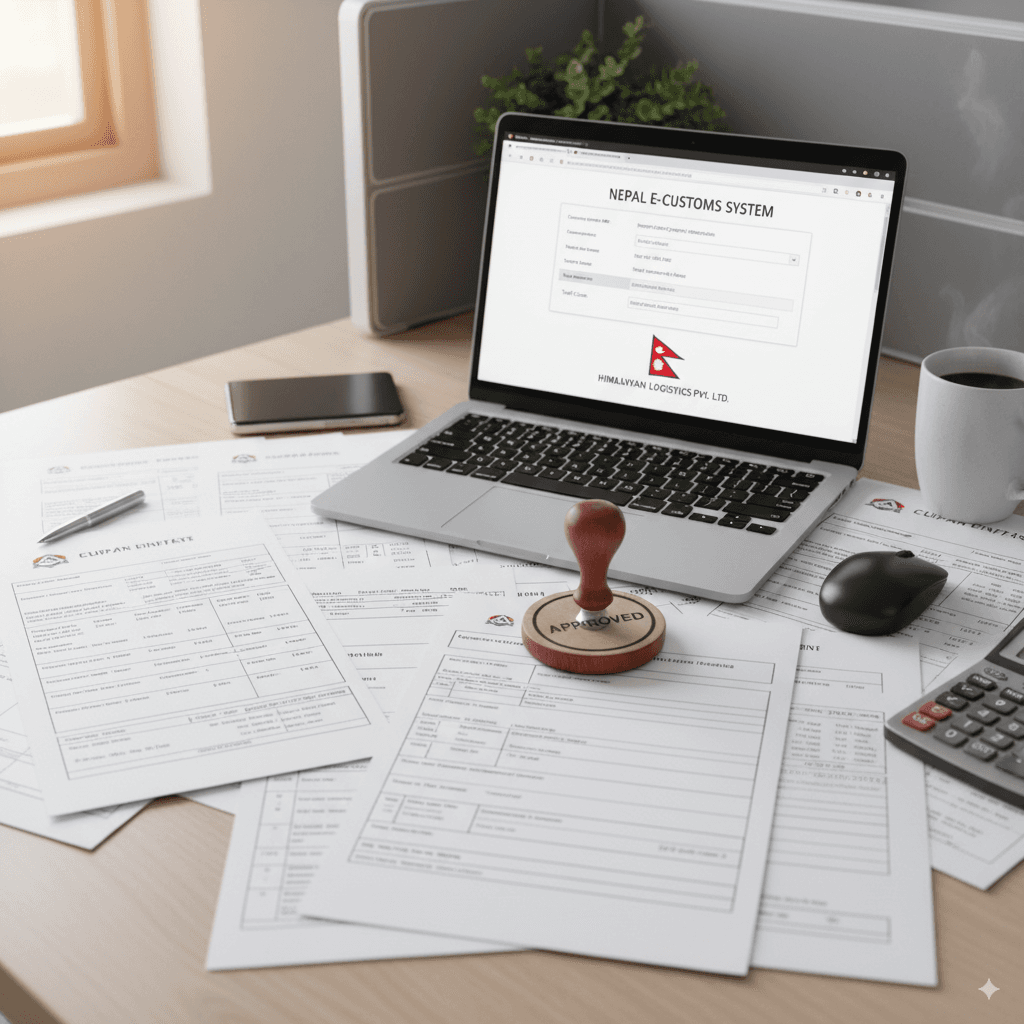 International customs checkpoint verifying shipping documents and cargo.