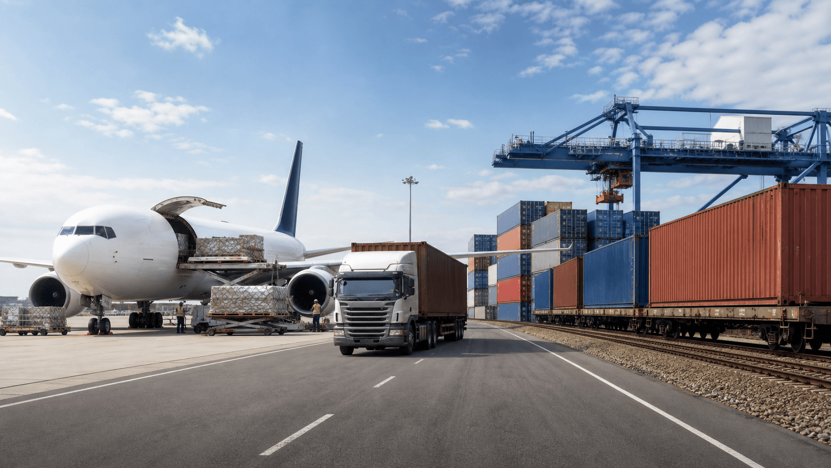 Airplane, container truck and cargo ship representing freight options for Nepal