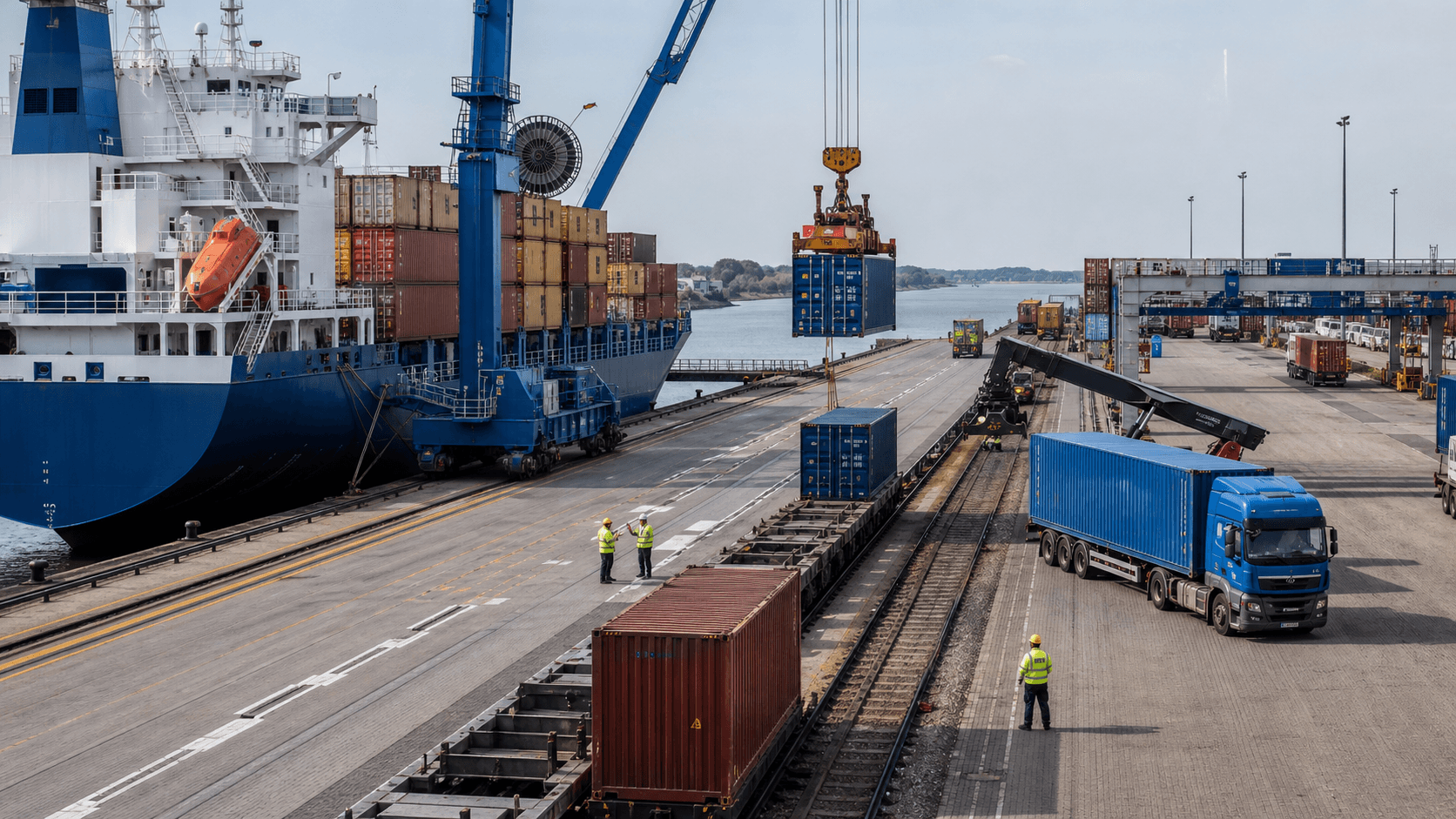 Container ship rail terminal and truck handling sea freight for delivery in Germany