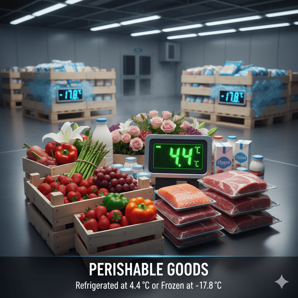 Perishable goods requiring refrigeration at 4.4°C or freezing at -17.8°C