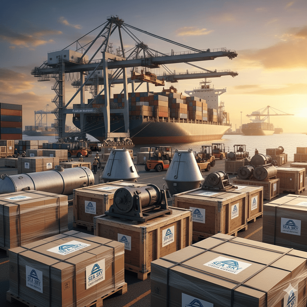 Happy customers and Sea Sky Cargo service team celebrating successful cargo delivery.