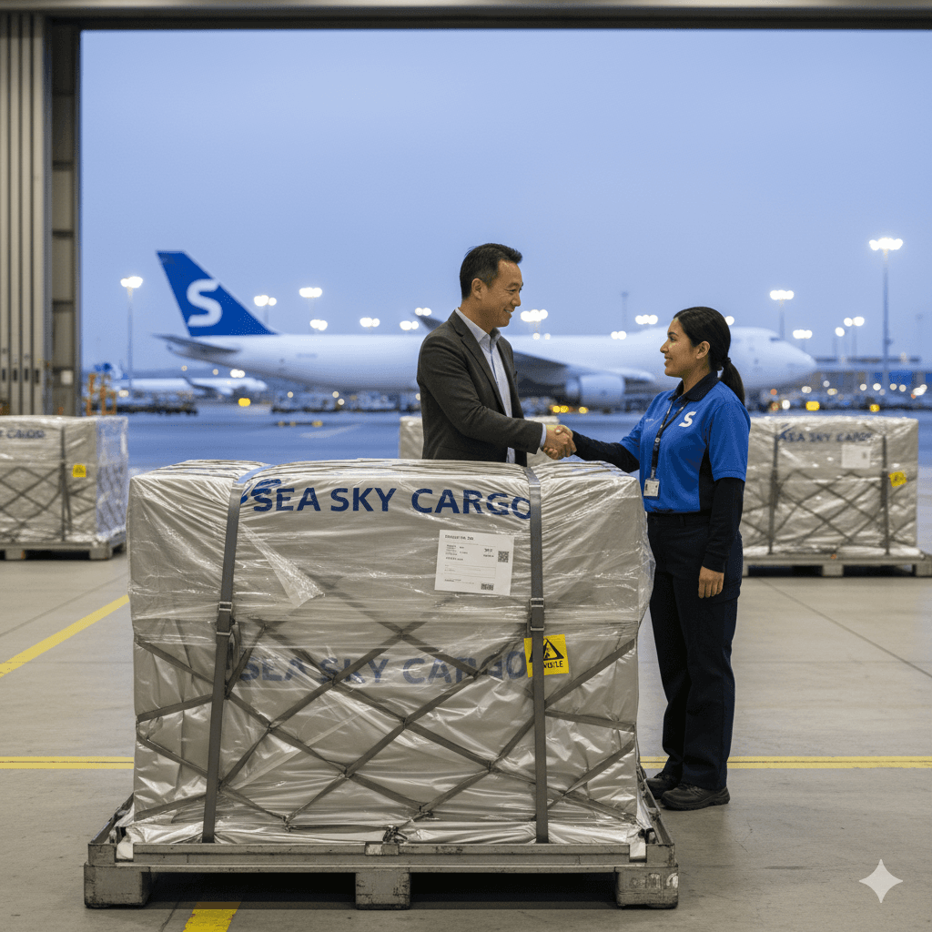 Business owner shaking hands with a Sea Sky Cargo representative in front of a ready‑to‑ship container.