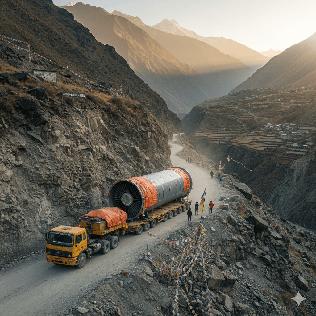 Project cargo low-bed transporting turbine on Nepal's Araniko Highway.