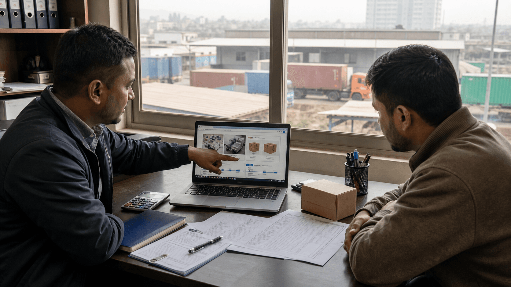 Nepal freight adviser reviewing a Dubai cargo route quotation and customs file with an importer
