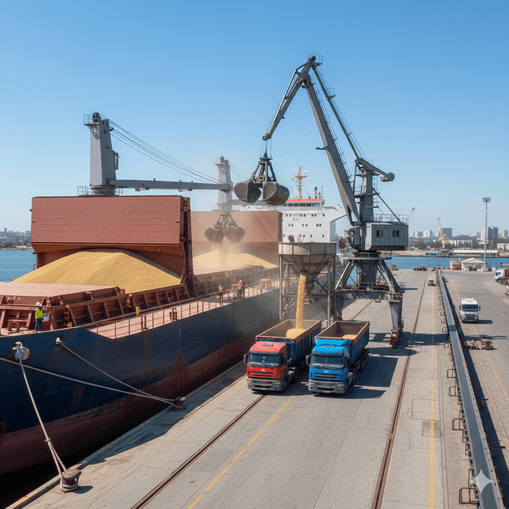 Bulk carrier discharging loose grain into trucks via cranes and hoppers.