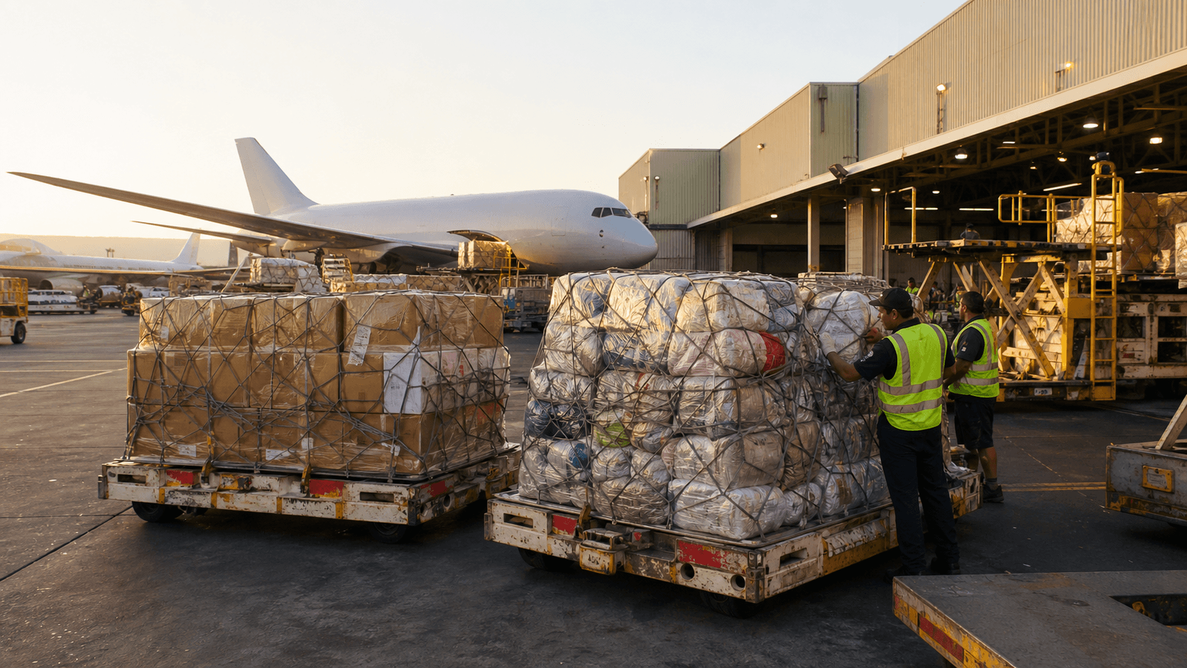 Air cargo pallets from Nepal being handled at a Los Angeles airport cargo facility