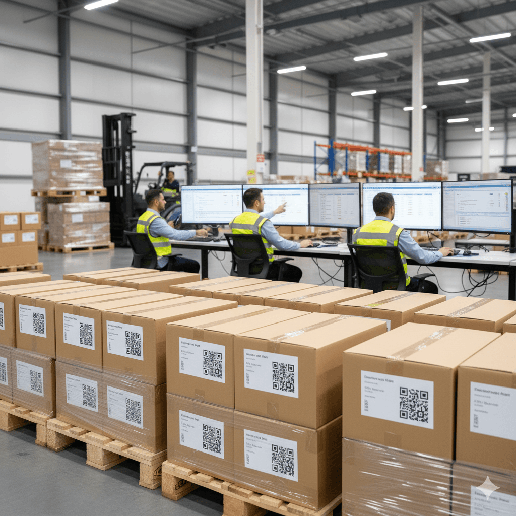 Warehouse staff preparing US-bound freight shipments with correct labeling and documents.