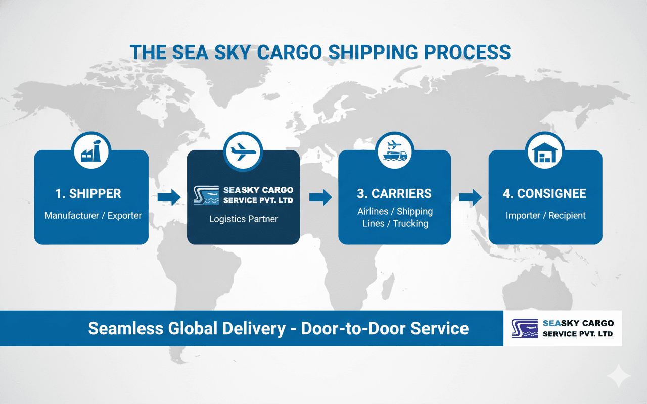 Shipper → Sea Sky Cargo → Airlines/Shipping Lines/Trucks → Consignee