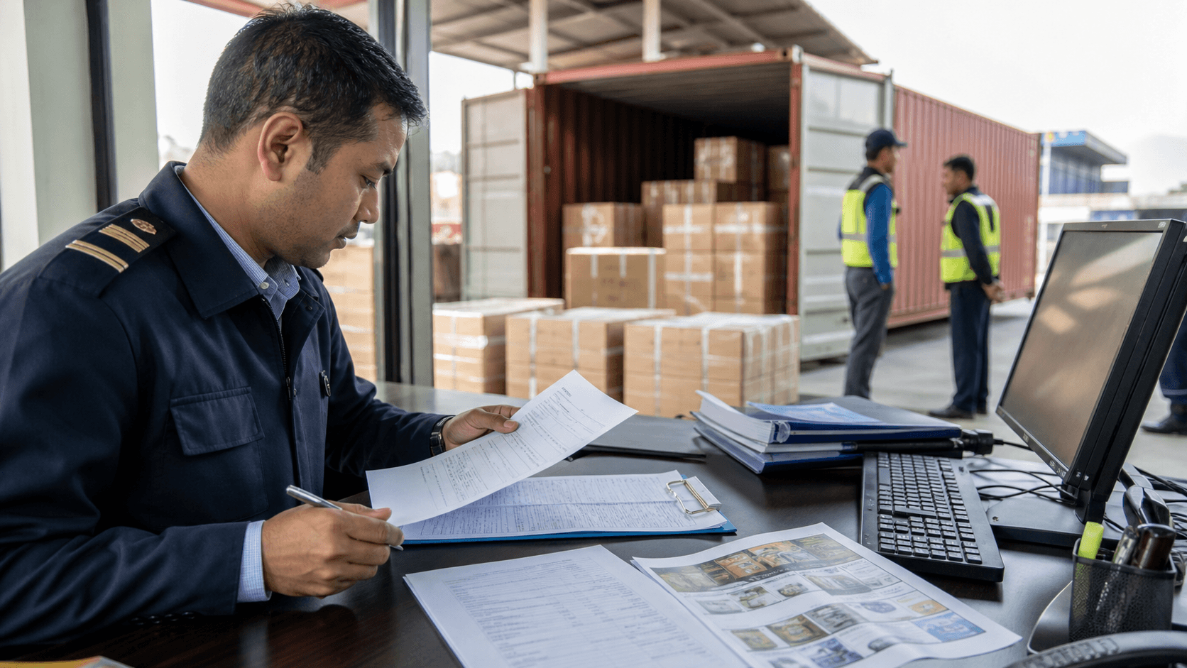 Customs specialist reviewing invoice packing list and transport documents for Nepal cargo