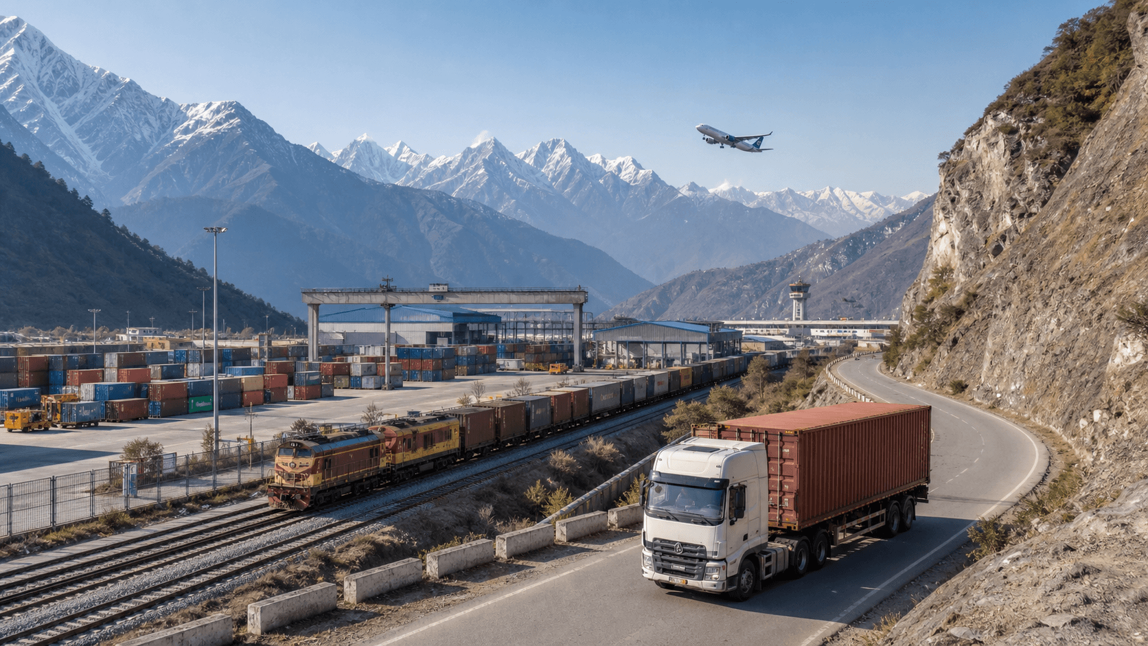 Cargo truck container train ship and aircraft connecting Nepal with India China and overseas markets