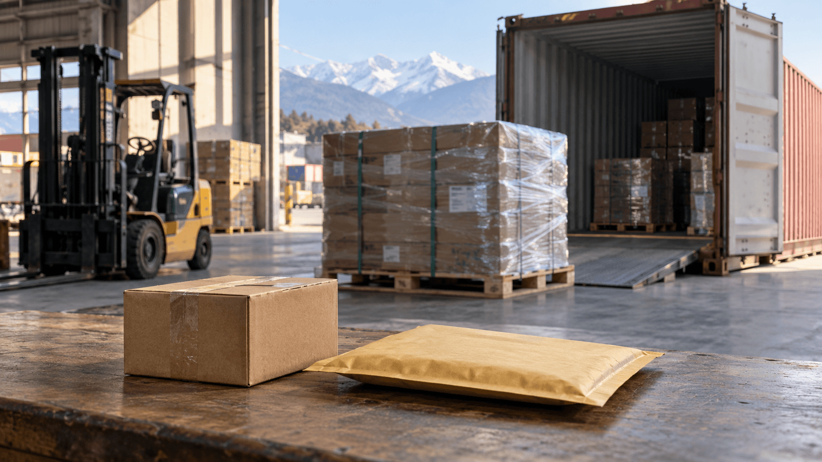 Express parcel beside palletized commercial goods and a shipping container