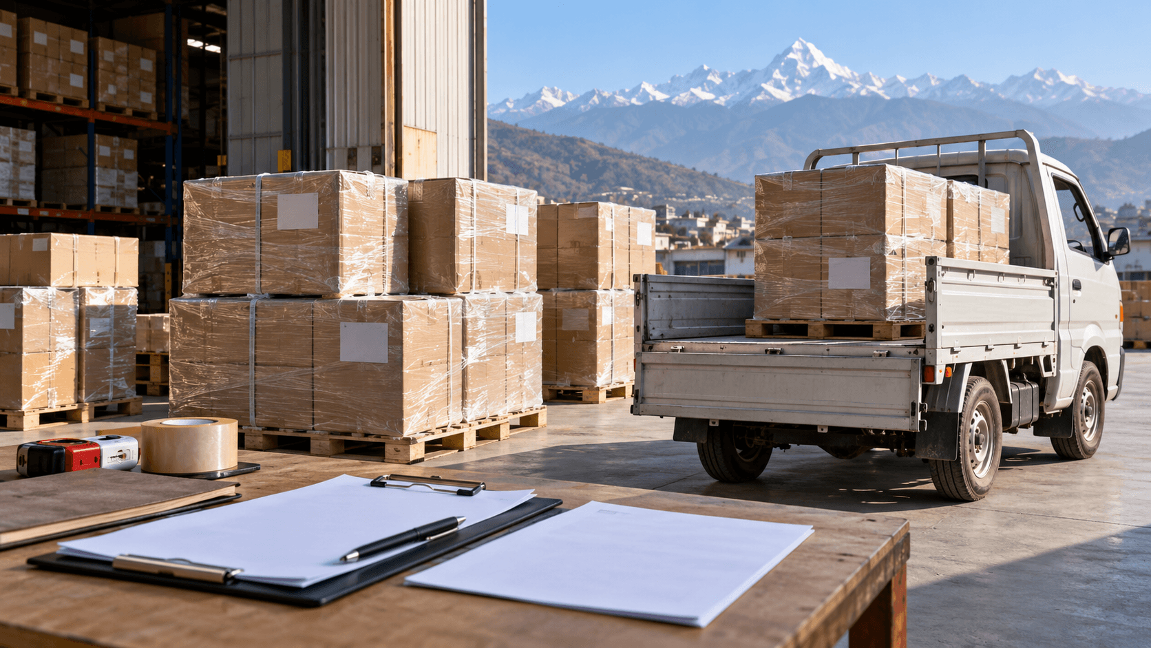 Packed export cartons and pickup vehicle beside collection paperwork at an origin warehouse