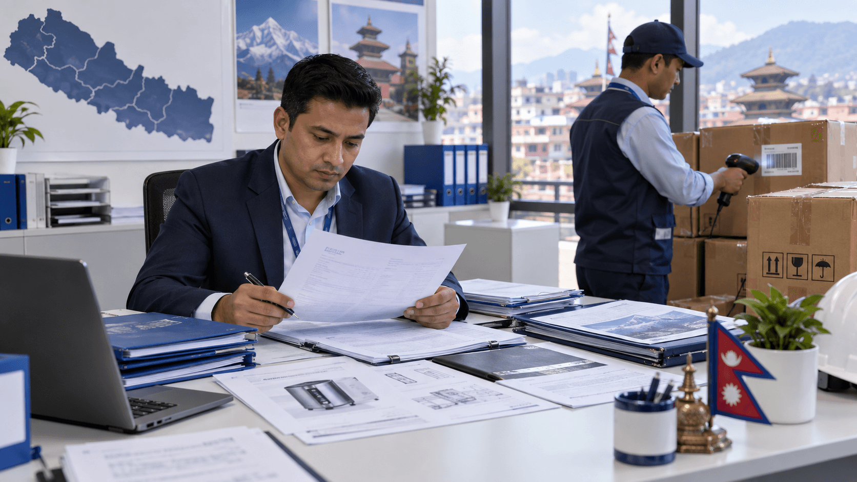 Importer and logistics specialist reviewing permits invoice packing list and product documents