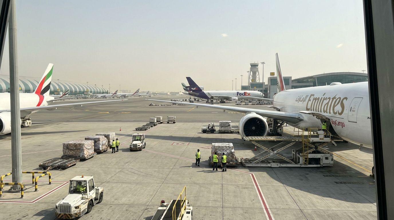 Dubai airport resuming heavy air cargo operations after temporary closure.