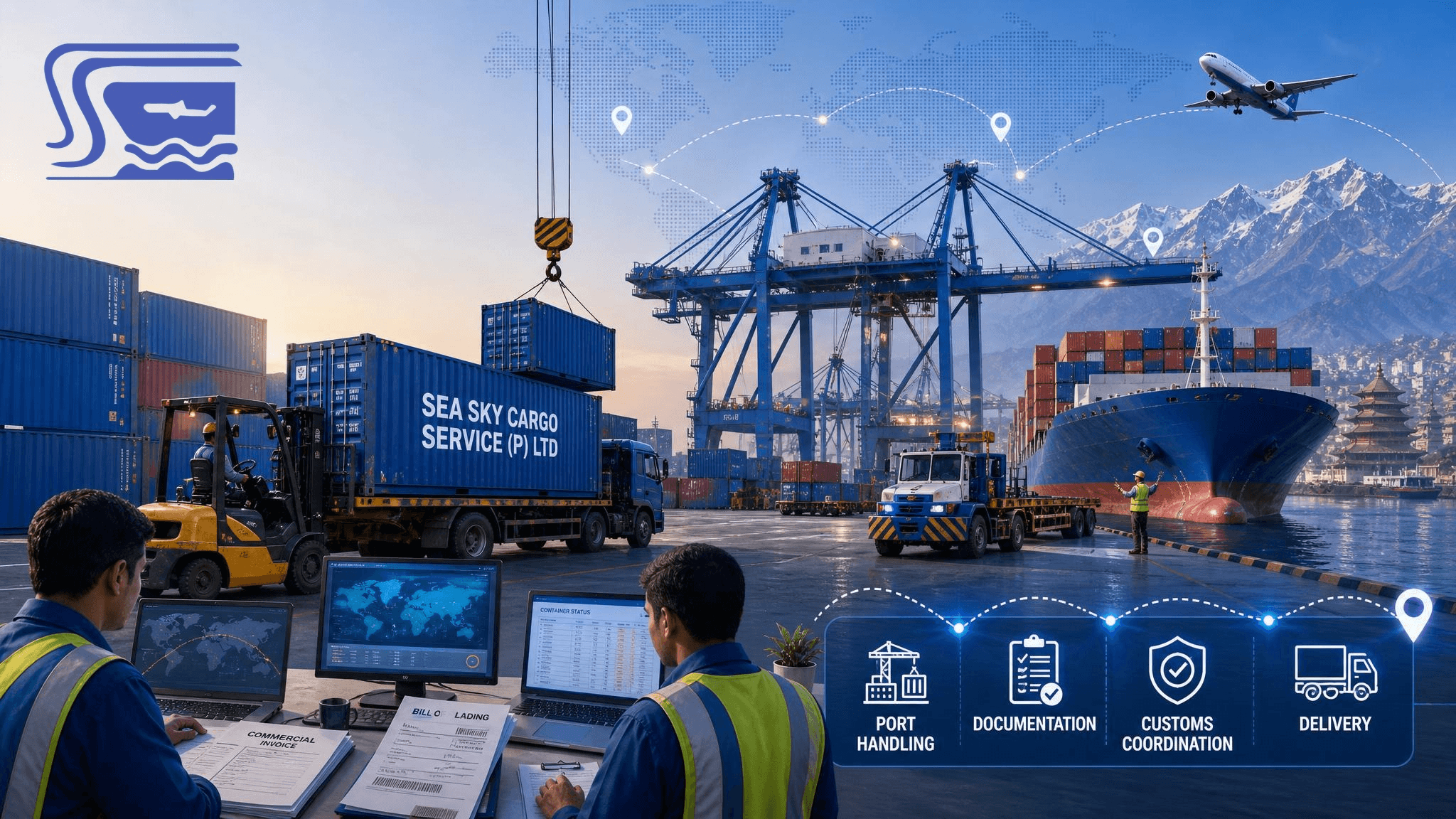 Port and logistics handling scene representing cargo movement through freight-forwarding coordination.