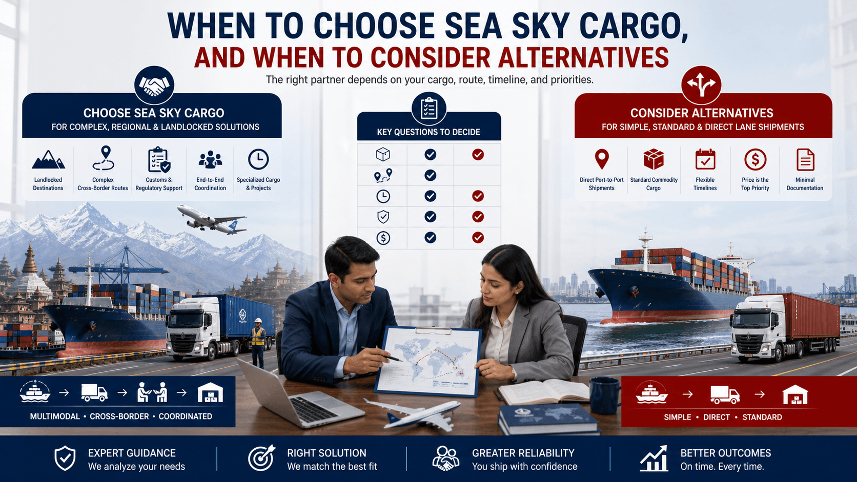 Decision guide visual showing when to choose Sea Sky Cargo for Nepal, Bhutan, Afghanistan, project cargo, and complex documentation