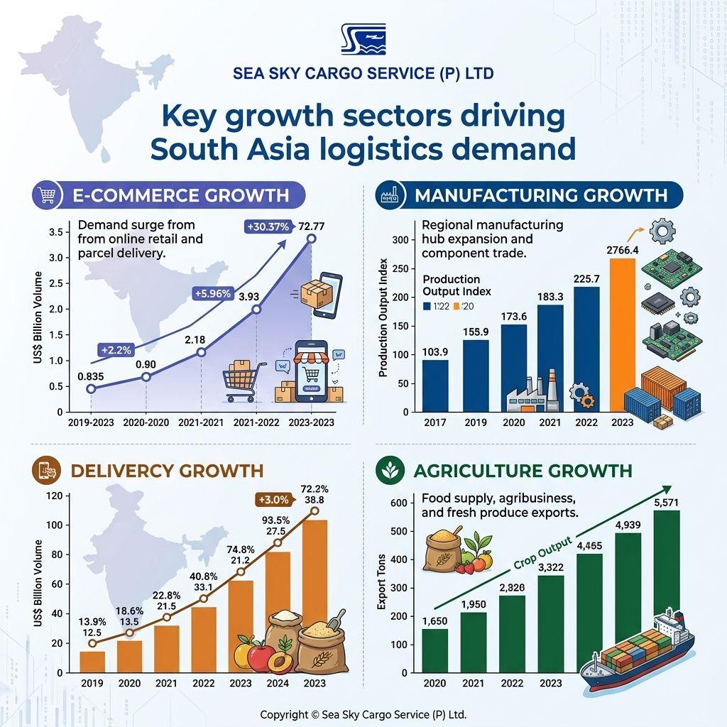 Key growth sectors driving South Asia logistics demand.